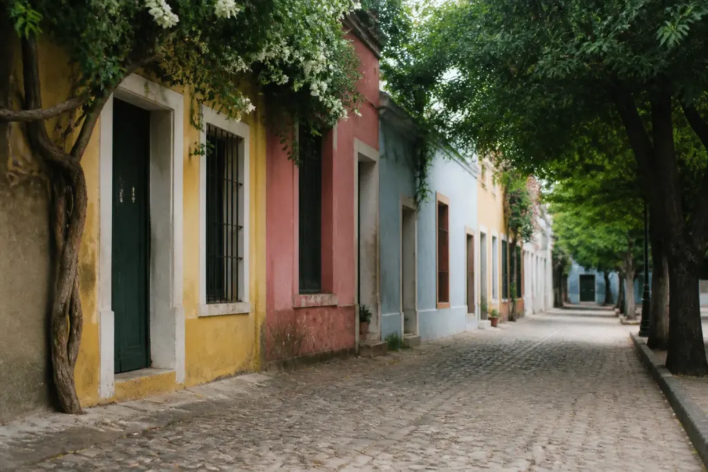 Maisons colorées bordant rue pavée avec arbres verts