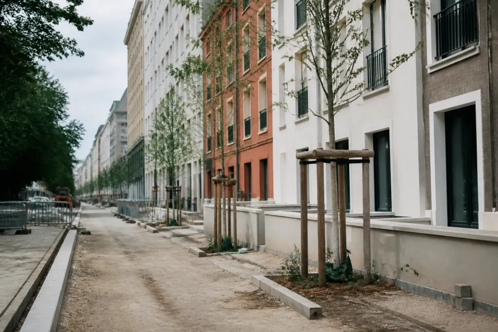 Chantier urbain avec facades repeintes et nouveaux arbres plantés