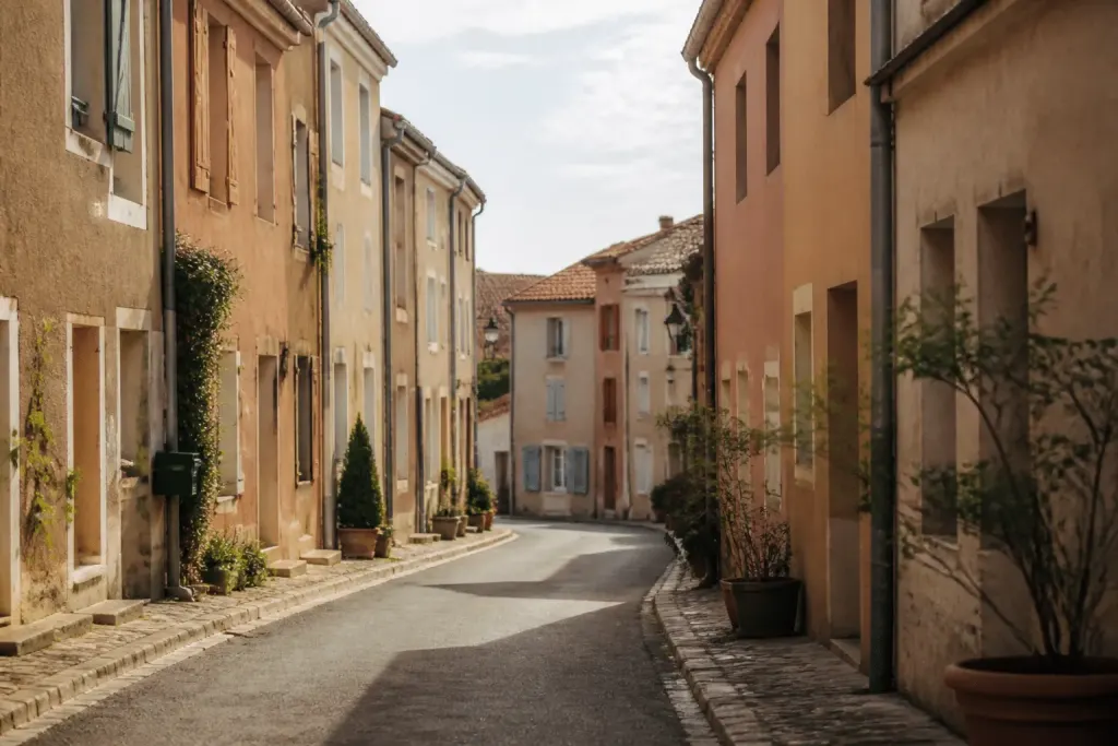 Rue tranquille de petite ville française avec facades colorees