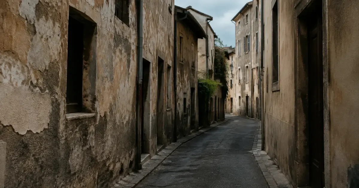 rue sombre avec facades degradees et ruelles desertes