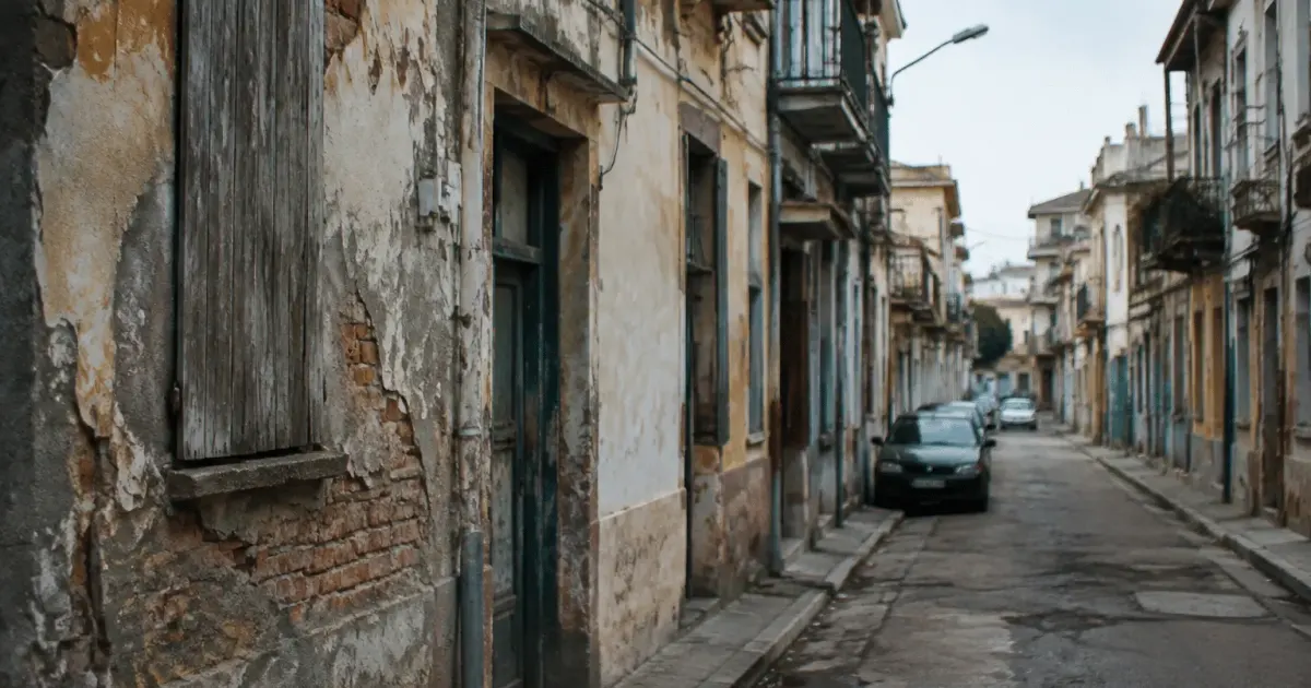 Rue urbaine degradee avec immeubles deteriores et facades defaillantes