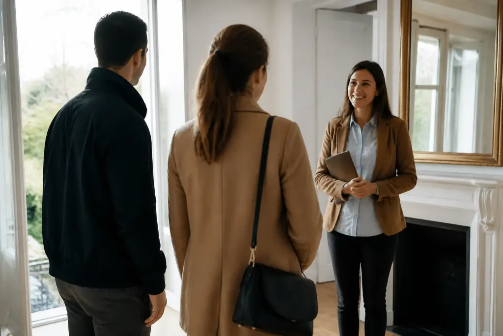Personnes visitant maison avec agent immobilier souriant