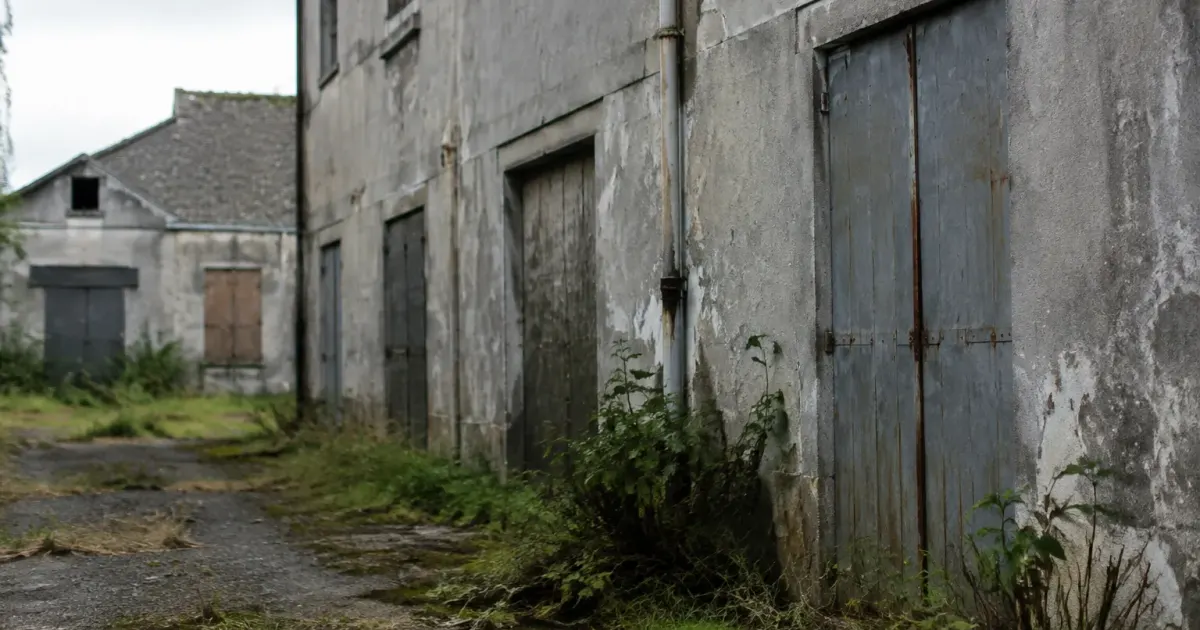 Batiments abandonnes aux facades grises et portes fermees