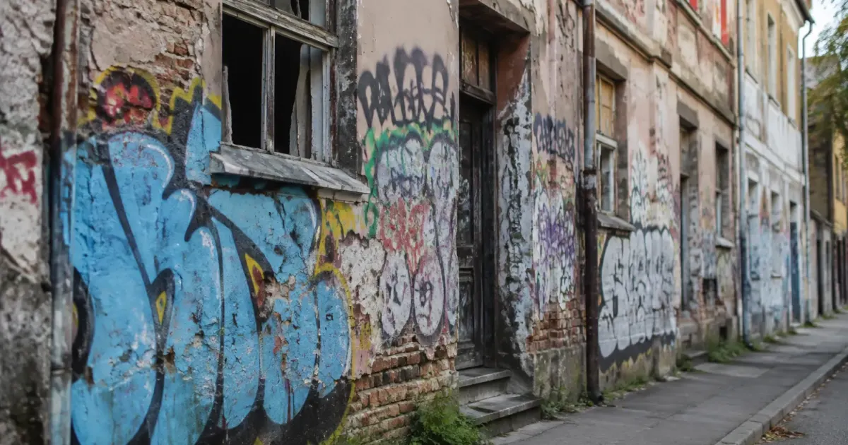 Batiments urbains degrades aux murs couverts de graffitis