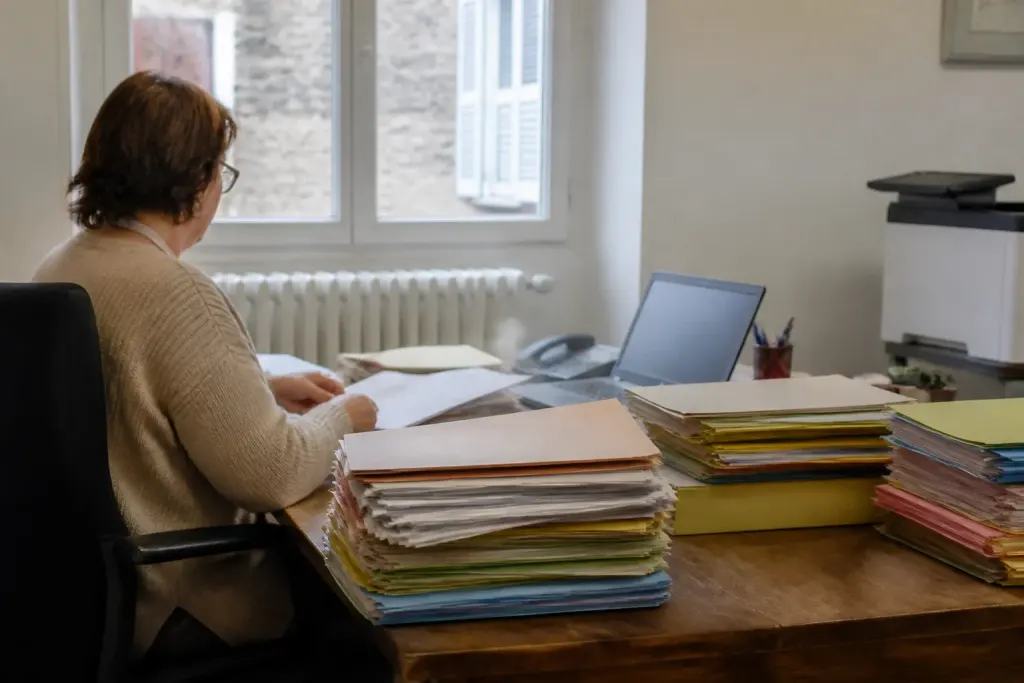 Bureau de mairie avec dossiers papier et ordinateur