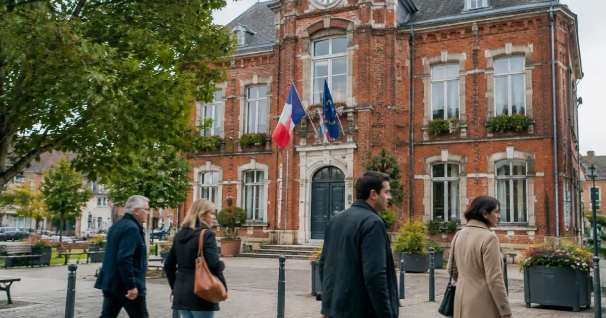 Passants marchant devant une mairie en briques rouges