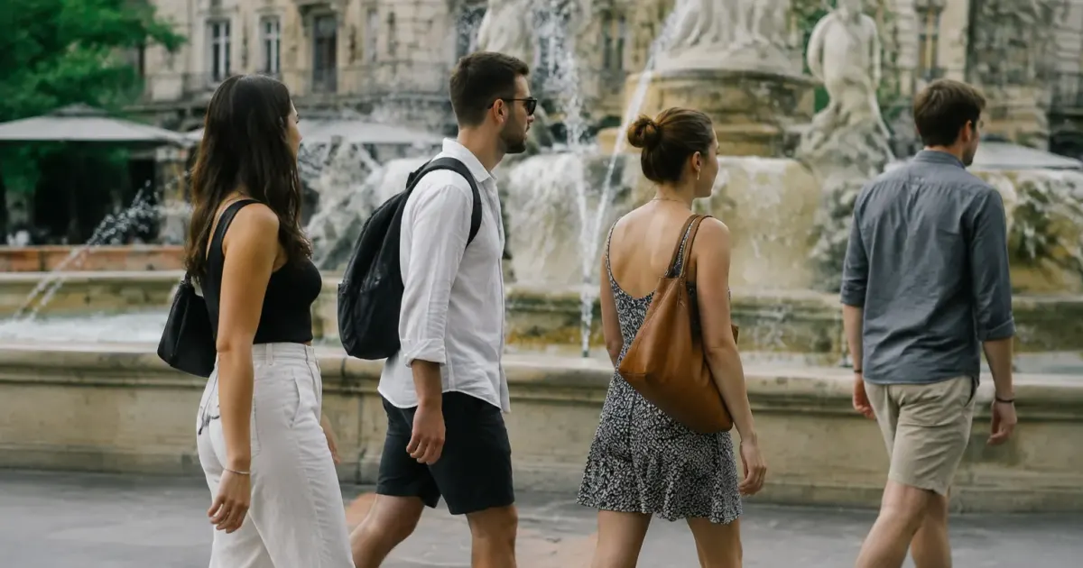 petit groupe de passants marchant devant une fontaine