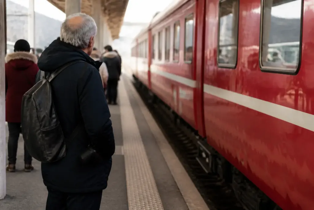 Quai de gare avec voyageurs attendant le train rouge