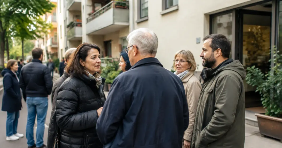 Residents debout rue animee devant immeuble residentiel