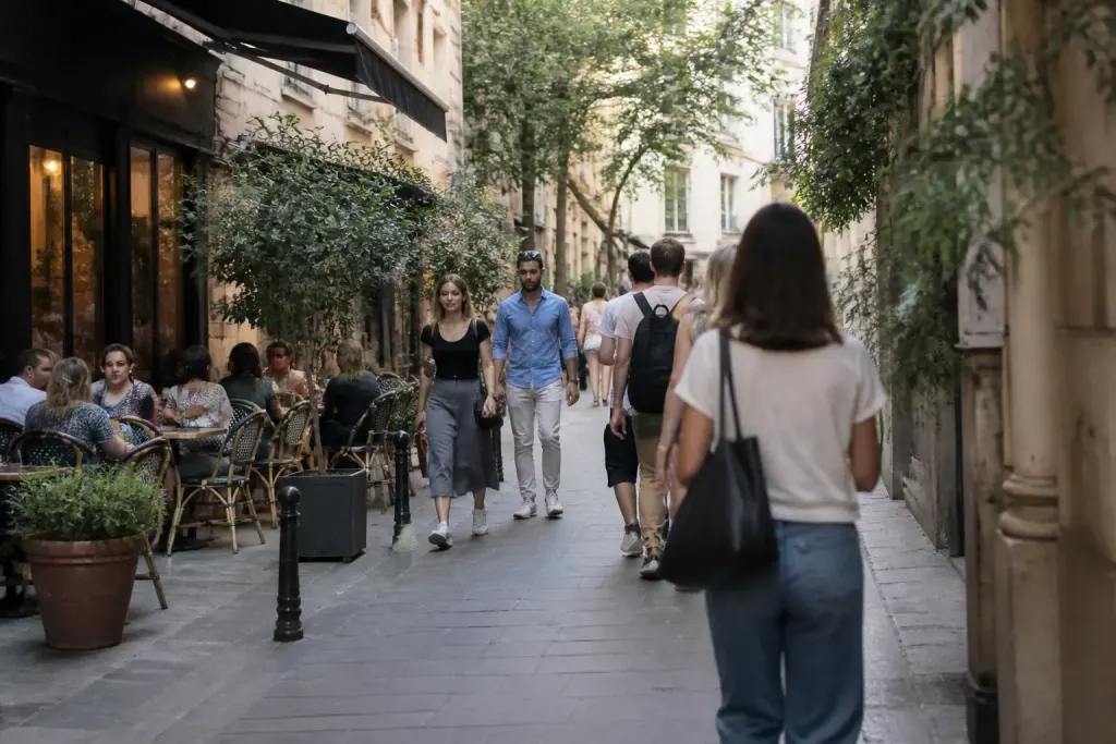 Rue animee avec boutiques terrasses et passants