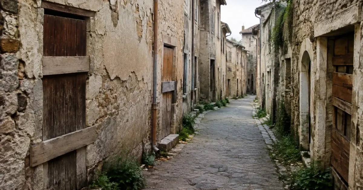 Rue delabre avec facades usees murs fissures portes barricadees