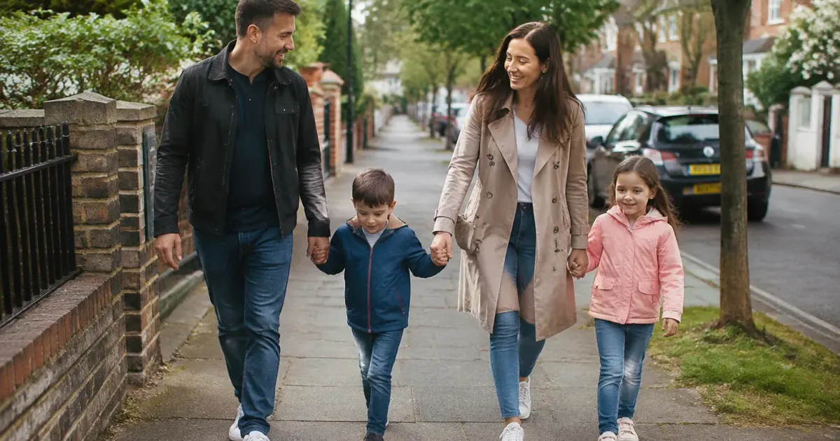 Rue residentielle avec familles marchant sur le trottoir