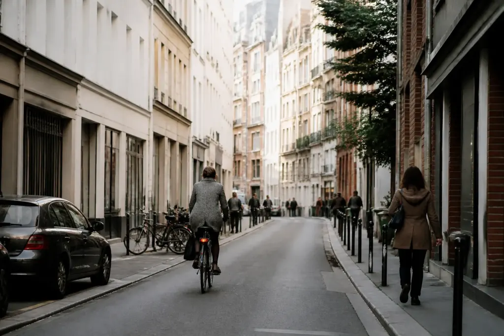 Rue urbaine avec immeubles et activites quotidiennes