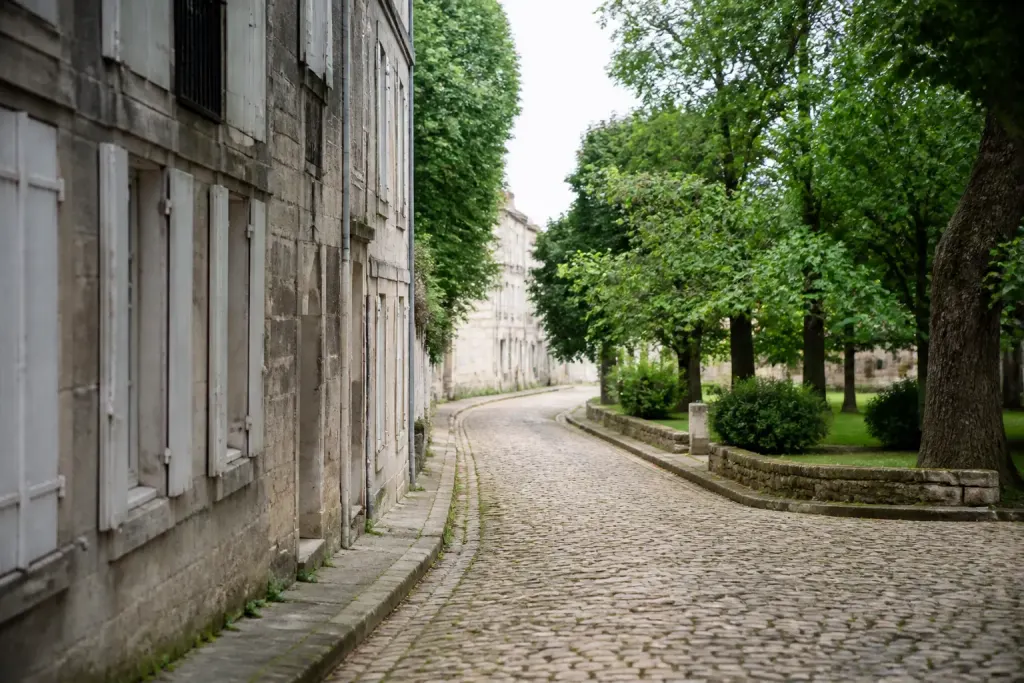 Rues pavees maisons anciennes parc verdure Cognac