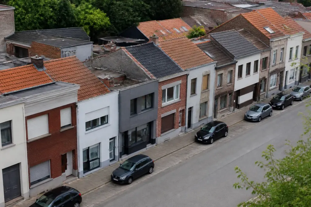 Vue aerienne de maisons alignees le long d'une route